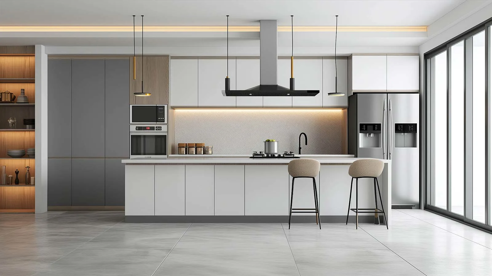 Modern minimalist kitchen with unique lighting setup