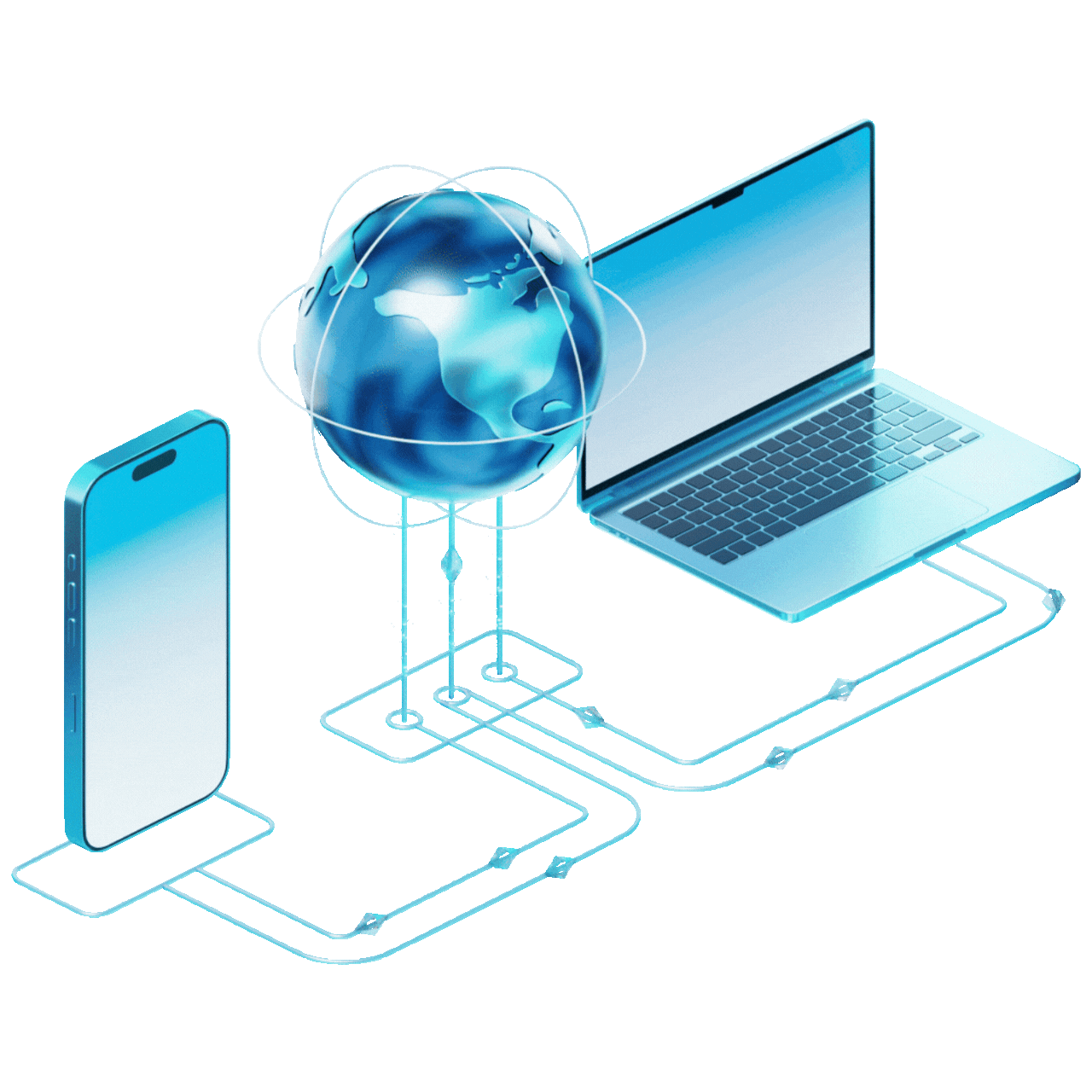 Illustration of digital connectivity featuring a smartphone, laptop, and a globe, representing global internet access and communication. Ideal for a technology or digital marketing webpage.