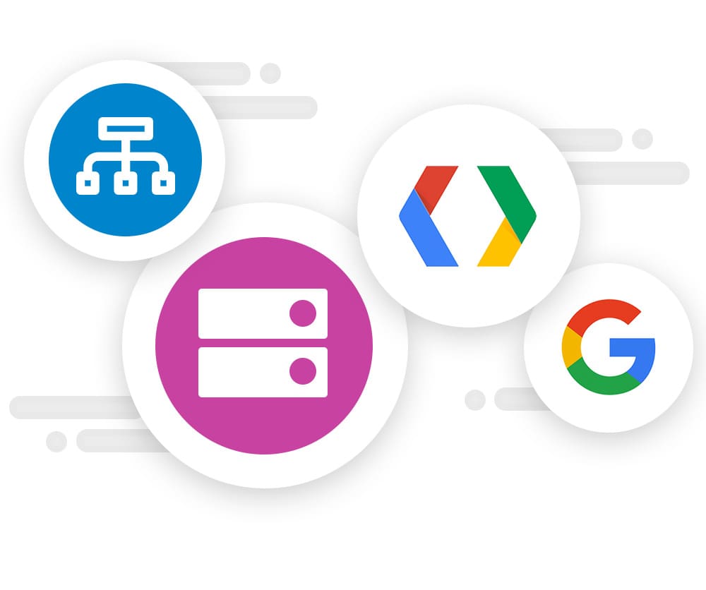 Colorful icons representing web development tools and Google services, including a site map, server storage, and the Google logo, illustrating essential resources for website optimization and digital marketing strategies.